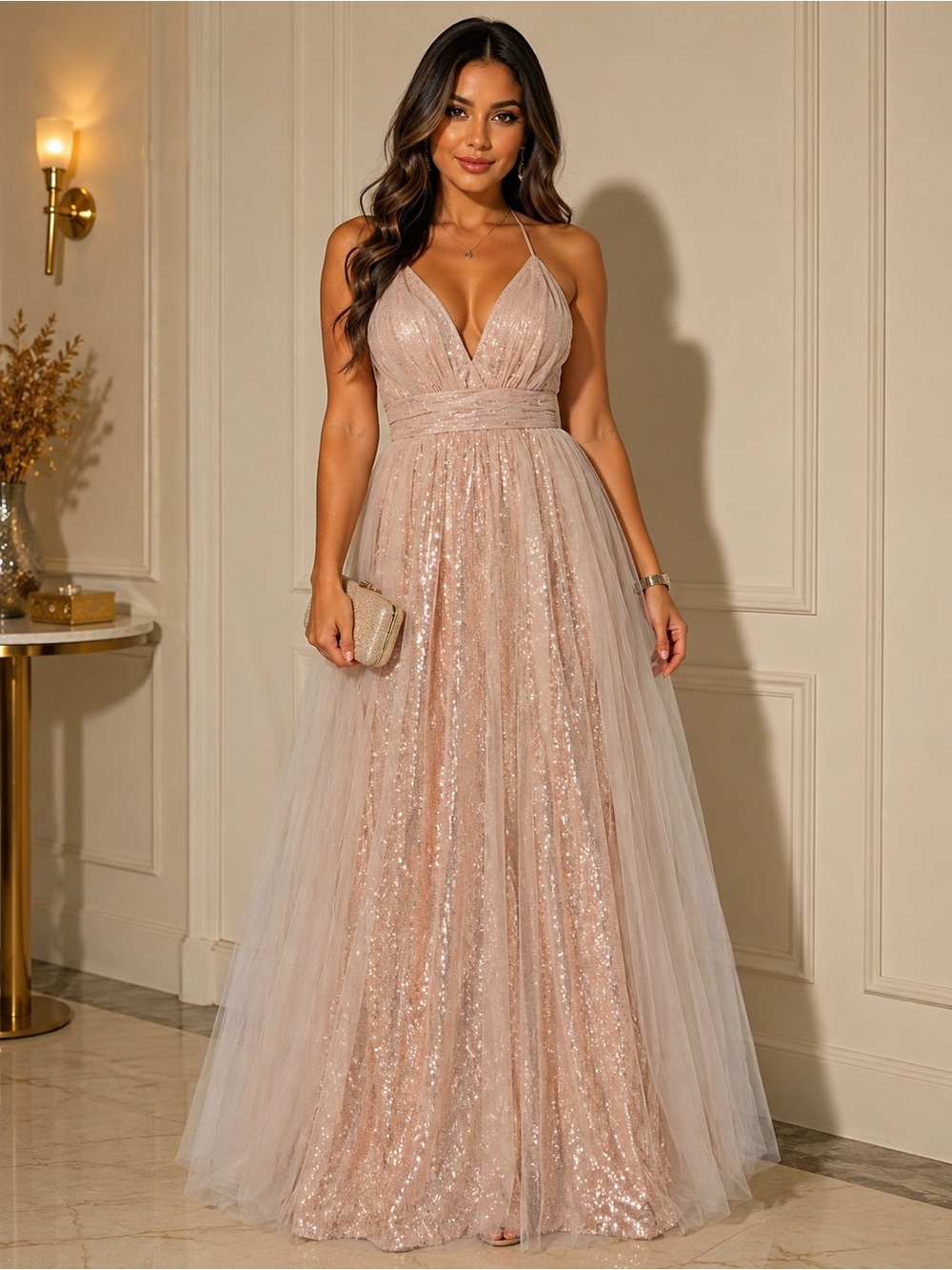 Fashion Nova Blush Sequin Tulle Prom Gown